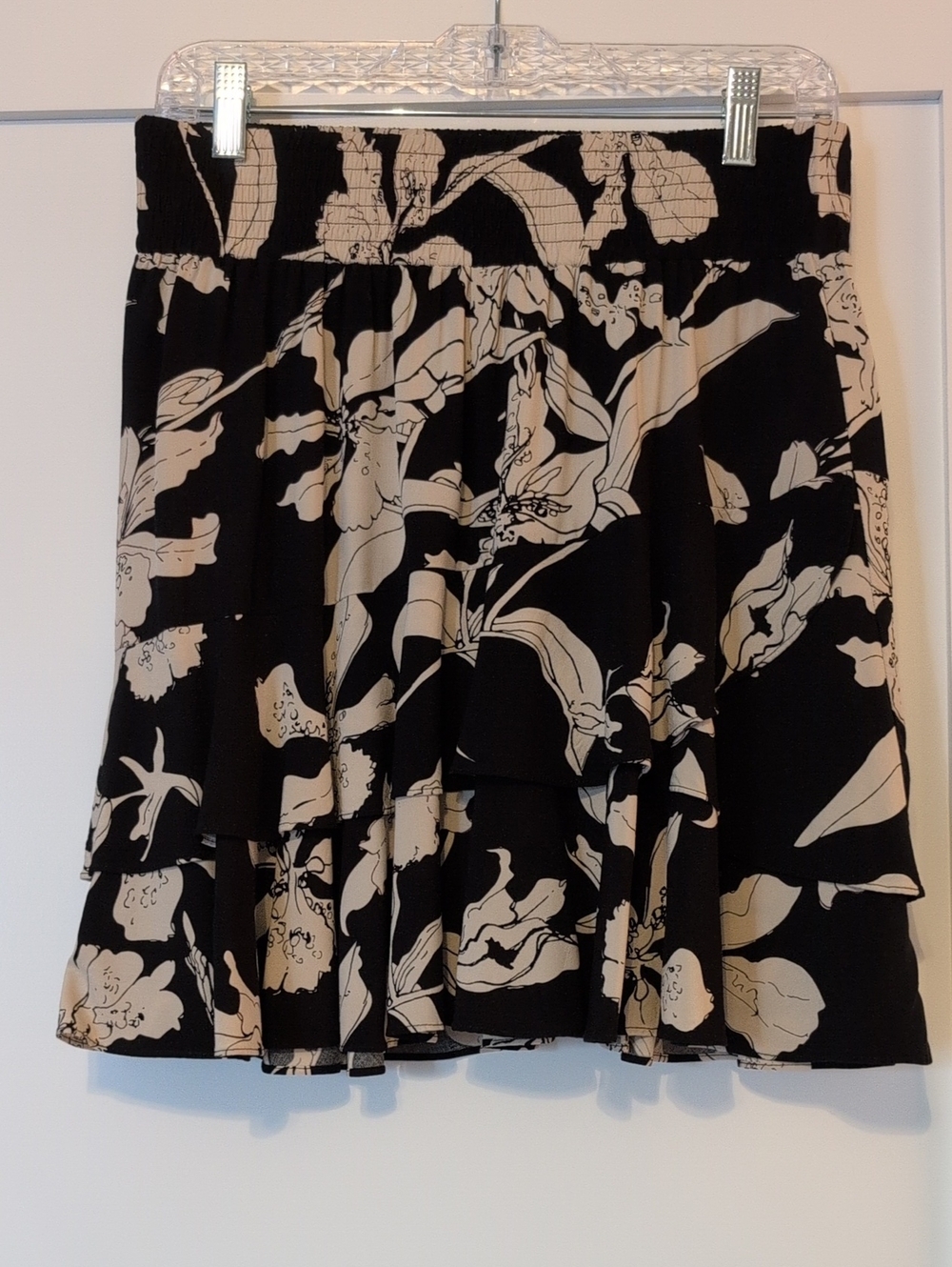 CAbi Black and Cream Floral Tiered Skirt